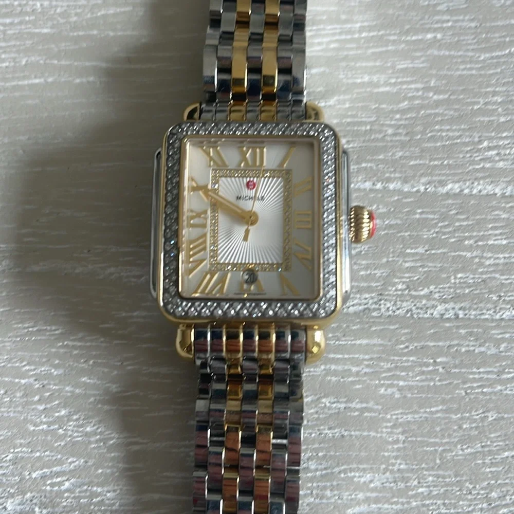 Michele Two-Tone Gold and Silver Diamond Bezel Square Watch with Red Crown - Picture 3 of 10